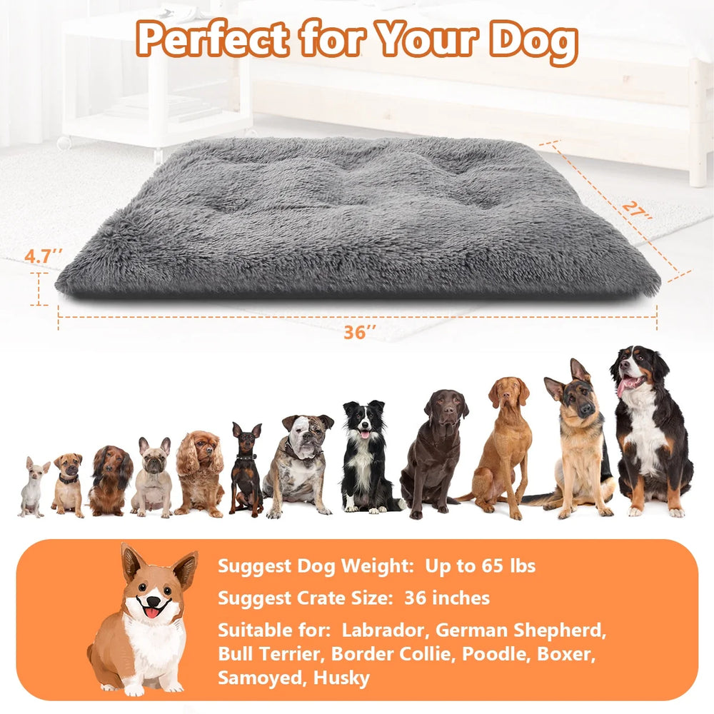 Large Dog Bed, Plush Fluffy Dog Cage Bed up to 65Lb, Orthopedic Dog Bed Washable Dog Mat with Non Slip Bottom for Large and Medium Dogs, Soft Plush Dog Crate Bed , 36"X27", Gray
